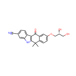 CC1(C)c2ccc(OC[C@H](O)CO)cc2C(=O)c2c1[nH]c1cc(C#N)ccc21 ZINC000114803086