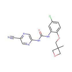 CC1(COc2ccc(Cl)cc2NC(=O)Nc2cnc(C#N)cn2)COC1 ZINC000006745071