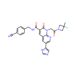 CC1(F)CN(C(=O)Cn2c(=O)c(C(=O)NCc3ccc(C#N)cc3)cc3cc(-c4cnc[nH]4)cnc32)C1 ZINC000221773968