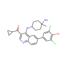 CC1(N)CCC(Nc2c(C(=O)C3CC3)cnc3ccc(-c4cc(Cl)c(O)c(Cl)c4)cc23)CC1 ZINC000114038273