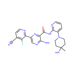 CC1(N)CCN(c2cccnc2NC(=O)c2nc(-c3nccc(C#N)c3F)cnc2N)CC1 ZINC001772617518