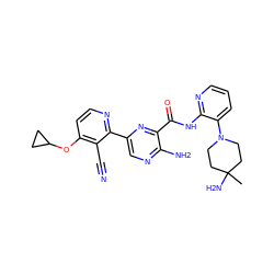 CC1(N)CCN(c2cccnc2NC(=O)c2nc(-c3nccc(OC4CC4)c3C#N)cnc2N)CC1 ZINC001772576313