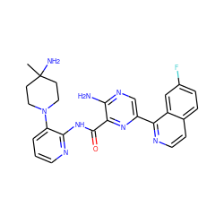 CC1(N)CCN(c2cccnc2NC(=O)c2nc(-c3nccc4ccc(F)cc34)cnc2N)CC1 ZINC001772586847