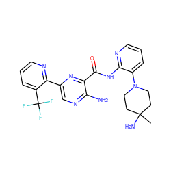 CC1(N)CCN(c2cccnc2NC(=O)c2nc(-c3ncccc3C(F)(F)F)cnc2N)CC1 ZINC000584641445