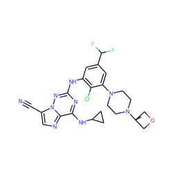 CC1(N2CCN(c3cc(C(F)F)cc(Nc4nc(NC5CC5)c5ncc(C#N)n5n4)c3Cl)CC2)COC1 ZINC000169711940