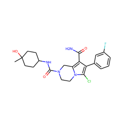 CC1(O)CCC(NC(=O)N2CCn3c(Cl)c(-c4cccc(F)c4)c(C(N)=O)c3C2)CC1 ZINC001772579003