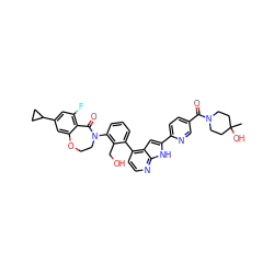 CC1(O)CCN(C(=O)c2ccc(-c3cc4c(-c5cccc(N6CCOc7cc(C8CC8)cc(F)c7C6=O)c5CO)ccnc4[nH]3)nc2)CC1 ZINC000205669518