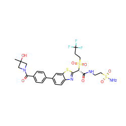 CC1(O)CN(C(=O)c2ccc(-c3ccc4nc([C@@H](C(=O)NCCS(N)(=O)=O)S(=O)(=O)CCC(F)(F)F)sc4c3)cc2)C1 ZINC000222080708