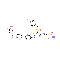 CC1(O)CN(C(=O)c2ccc(-c3ccc4nc([C@@H](C(=O)NCCS(N)(=O)=O)S(=O)(=O)Cc5ccc(F)cc5)sc4c3)cc2)C1 ZINC000222082541