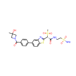 CC1(O)CN(C(=O)c2ccc(-c3ccc4sc([C@@H](C(=O)NCCS(N)(=O)=O)S(C)(=O)=O)nc4c3)cc2)C1 ZINC000143974691