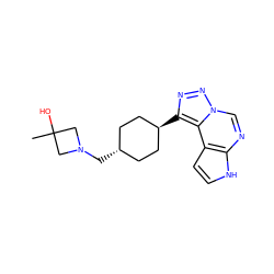 CC1(O)CN(C[C@H]2CC[C@H](c3nnn4cnc5[nH]ccc5c34)CC2)C1 ZINC001772571319