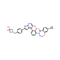 CC1(O)CN(Cc2ccc(-c3cc4c(-c5cccc(N6CCOc7cc(C8CC8)ccc7C6=O)c5CO)ccnc4[nH]3)cc2)C1 ZINC000205675958