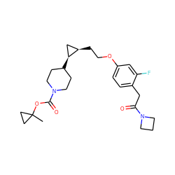 CC1(OC(=O)N2CCC([C@H]3C[C@H]3CCOc3ccc(CC(=O)N4CCC4)c(F)c3)CC2)CC1 ZINC000205286418