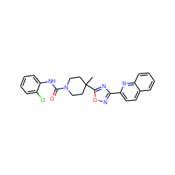 CC1(c2nc(-c3ccc4ccccc4n3)no2)CCN(C(=O)Nc2ccccc2Cl)CC1 ZINC000072180265