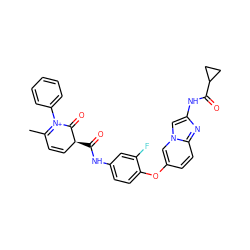 CC1=[N+](c2ccccc2)C(=O)[C@@H](C(=O)Nc2ccc(Oc3ccc4nc(NC(=O)C5CC5)cn4c3)c(F)c2)C=C1 ZINC000653691209