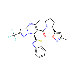 CC1=C(C(=O)N2CCC[C@H]2c2cc(C)no2)[C@@H](c2nc3ccccc3s2)n2nc(C(F)(F)F)cc2N1 ZINC000084671470