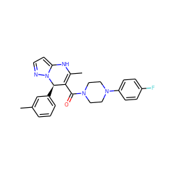 CC1=C(C(=O)N2CCN(c3ccc(F)cc3)CC2)[C@@H](c2cccc(C)c2)n2nccc2N1 ZINC000034391878