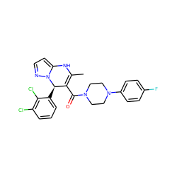 CC1=C(C(=O)N2CCN(c3ccc(F)cc3)CC2)[C@@H](c2cccc(Cl)c2Cl)n2nccc2N1 ZINC000038403281