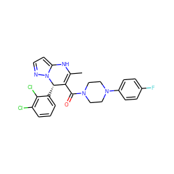 CC1=C(C(=O)N2CCN(c3ccc(F)cc3)CC2)[C@H](c2cccc(Cl)c2Cl)n2nccc2N1 ZINC000034249169