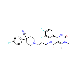 CC1=C(C(=O)NCCCN2CCC(C#N)(c3ccc(F)cc3)CC2)[C@@H](c2ccc(F)c(F)c2)NC(=O)N1C ZINC000013809199