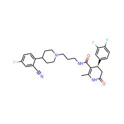 CC1=C(C(=O)NCCCN2CCC(c3ccc(F)cc3C#N)CC2)[C@@H](c2ccc(F)c(F)c2)CC(=O)N1 ZINC000029392541