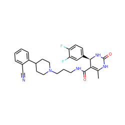 CC1=C(C(=O)NCCCN2CCC(c3ccccc3C#N)CC2)[C@@H](c2ccc(F)c(F)c2)NC(=O)N1 ZINC000013809163