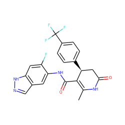 CC1=C(C(=O)Nc2cc3cn[nH]c3cc2F)[C@@H](c2ccc(C(F)(F)F)cc2)CC(=O)N1 ZINC000014954389