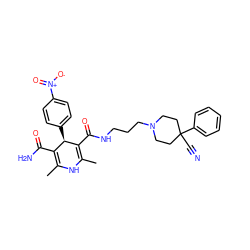 CC1=C(C(N)=O)[C@@H](c2ccc([N+](=O)[O-])cc2)C(C(=O)NCCCN2CCC(C#N)(c3ccccc3)CC2)=C(C)N1 ZINC000027625843