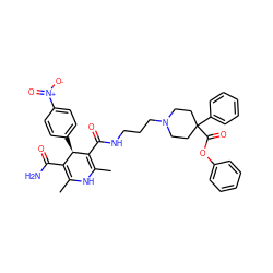 CC1=C(C(N)=O)[C@@H](c2ccc([N+](=O)[O-])cc2)C(C(=O)NCCCN2CCC(C(=O)Oc3ccccc3)(c3ccccc3)CC2)=C(C)N1 ZINC000027564293