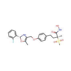 CC1=C(COc2ccc(CC[C@@](C)(C(=O)NO)S(C)(=O)=O)cc2)N[C@@H](c2ccccc2F)O1 ZINC000169686466