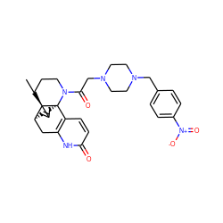 CC1=C[C@H]2Cc3[nH]c(=O)ccc3[C@@]3(C1)[C@@H]2CCCN3C(=O)CN1CCN(Cc2ccc([N+](=O)[O-])cc2)CC1 ZINC000028342365