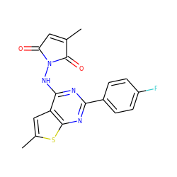 CC1=CC(=O)N(Nc2nc(-c3ccc(F)cc3)nc3sc(C)cc23)C1=O ZINC001772626960