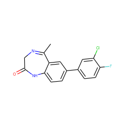 CC1=NCC(=O)Nc2ccc(-c3ccc(F)c(Cl)c3)cc21 ZINC000040421229