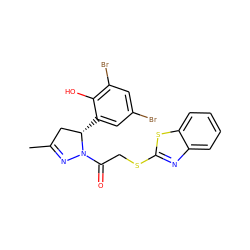 CC1=NN(C(=O)CSc2nc3ccccc3s2)[C@@H](c2cc(Br)cc(Br)c2O)C1 ZINC000103267761