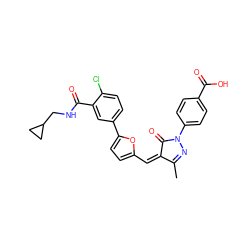 CC1=NN(c2ccc(C(=O)O)cc2)C(=O)/C1=C\c1ccc(-c2ccc(Cl)c(C(=O)NCC3CC3)c2)o1 ZINC001772602444