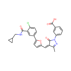 CC1=NN(c2cccc(C(=O)O)c2)C(=O)/C1=C\c1ccc(-c2ccc(Cl)c(C(=O)NCC3CC3)c2)o1 ZINC001772630757