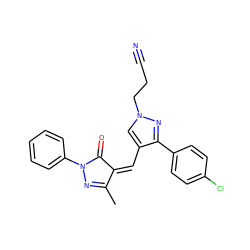 CC1=NN(c2ccccc2)C(=O)/C1=C\c1cn(CCC#N)nc1-c1ccc(Cl)cc1 ZINC000012558360