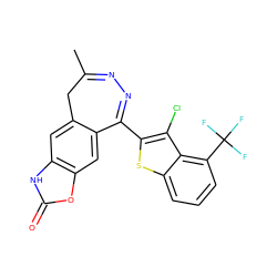 CC1=NN=C(c2sc3cccc(C(F)(F)F)c3c2Cl)c2cc3oc(=O)[nH]c3cc2C1 ZINC000169703947