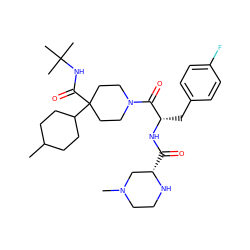 CC1CCC(C2(C(=O)NC(C)(C)C)CCN(C(=O)[C@H](Cc3ccc(F)cc3)NC(=O)[C@H]3CN(C)CCN3)CC2)CC1 ZINC000028949904