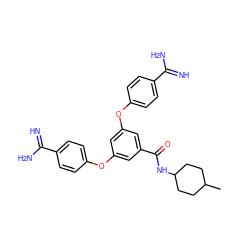 CC1CCC(NC(=O)c2cc(Oc3ccc(C(=N)N)cc3)cc(Oc3ccc(C(=N)N)cc3)c2)CC1 ZINC000114708371