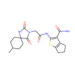 CC1CCC2(CC1)NC(=O)N(CC(=O)Nc1sc3c(c1C(N)=O)CCC3)C2=O ZINC000003410855