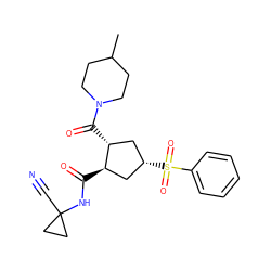 CC1CCN(C(=O)[C@@H]2C[C@H](S(=O)(=O)c3ccccc3)C[C@H]2C(=O)NC2(C#N)CC2)CC1 ZINC000103240545