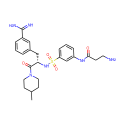 CC1CCN(C(=O)[C@H](Cc2cccc(C(=N)N)c2)NS(=O)(=O)c2cccc(NC(=O)CCN)c2)CC1 ZINC000040429458