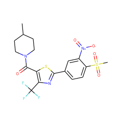 CC1CCN(C(=O)c2sc(-c3ccc(S(C)(=O)=O)c([N+](=O)[O-])c3)nc2C(F)(F)F)CC1 ZINC000084690138