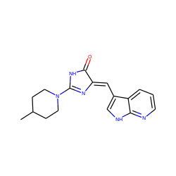 CC1CCN(C2=N/C(=C\c3c[nH]c4ncccc34)C(=O)N2)CC1 ZINC000040976481