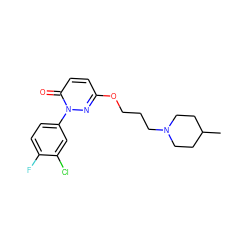 CC1CCN(CCCOc2ccc(=O)n(-c3ccc(F)c(Cl)c3)n2)CC1 ZINC000653864162