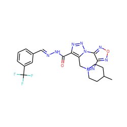 CC1CCN(Cc2c(C(=O)N/N=C/c3cccc(C(F)(F)F)c3)nnn2-c2nonc2N)CC1 ZINC000003633187