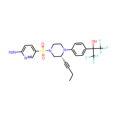 CCC#C[C@@H]1CN(S(=O)(=O)c2ccc(N)nc2)CCN1c1ccc(C(O)(C(F)(F)F)C(F)(F)F)cc1 ZINC000103263619