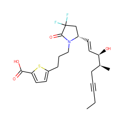 CCC#CC[C@H](C)[C@H](O)/C=C/[C@H]1CC(F)(F)C(=O)N1CCCc1ccc(C(=O)O)s1 ZINC000148786762