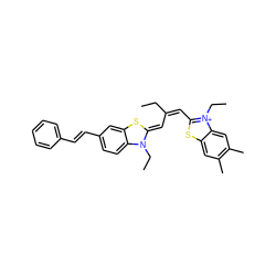 CCC(=C/c1sc2cc(C)c(C)cc2[n+]1CC)/C=C1\Sc2cc(/C=C/c3ccccc3)ccc2N1CC ZINC000001803778